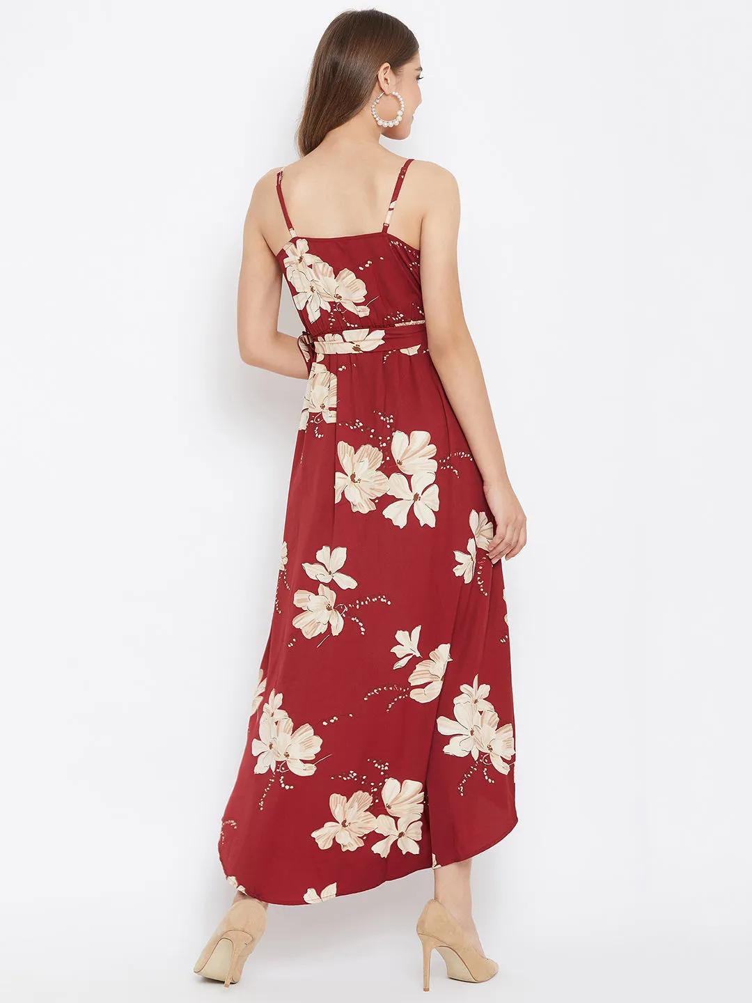 Berrylush Women Maroon Floral Printed V-Neck High-Low Wrap Maxi Dress