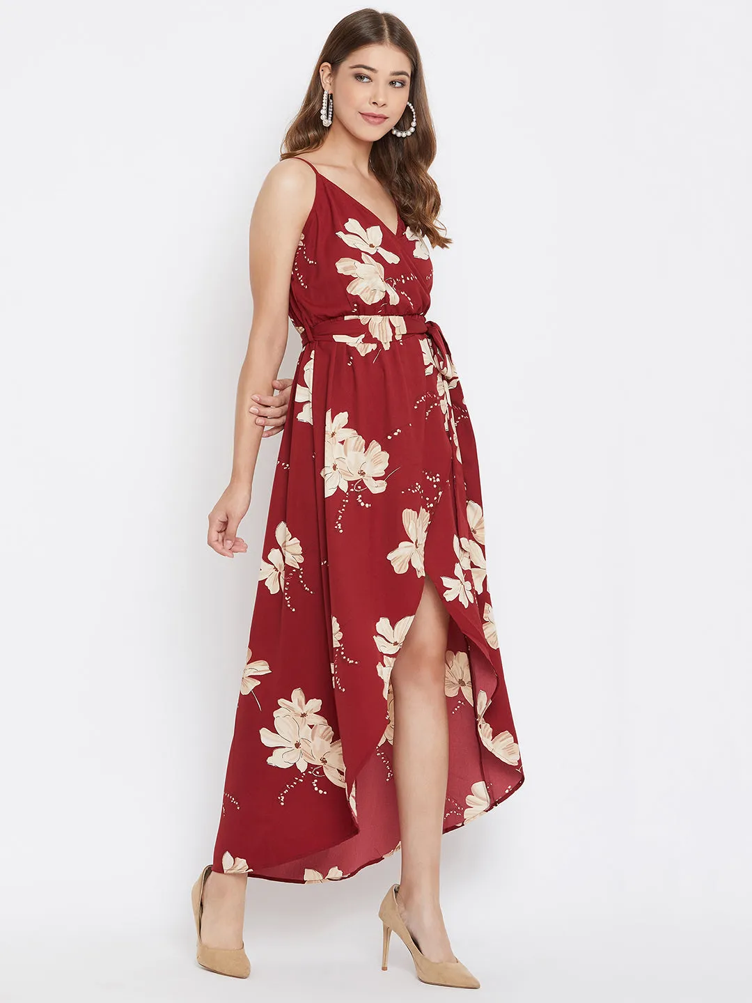 Berrylush Women Maroon Floral Printed V-Neck High-Low Wrap Maxi Dress