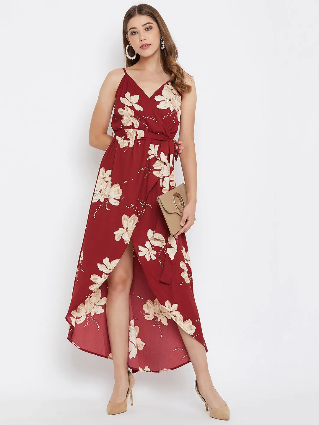 Berrylush Women Maroon Floral Printed V-Neck High-Low Wrap Maxi Dress