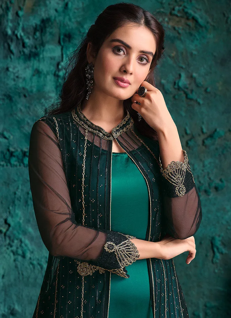 Black And Green Ethnic Pakistani Jacket Style Pant Suit