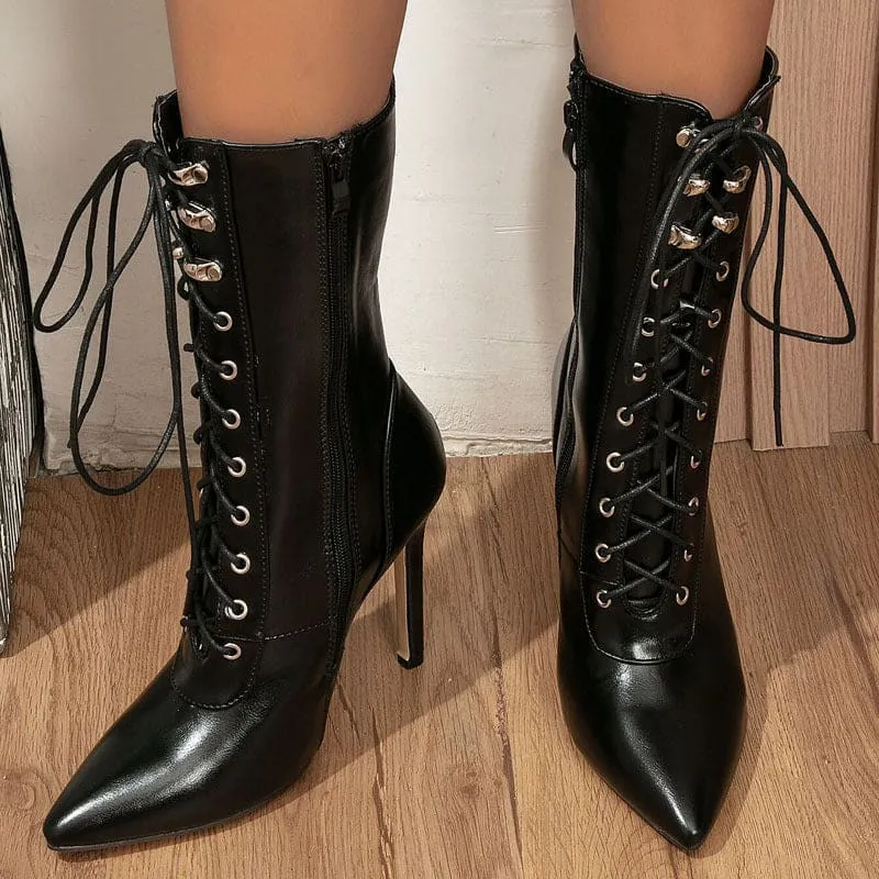 Black Lace-up Pointed High Heels with Victorian Style Straps