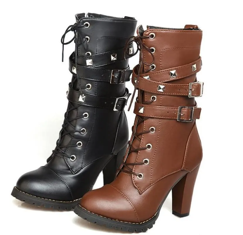 Black Leather Multi Buckle Lace Up Studded Ankle High Boots