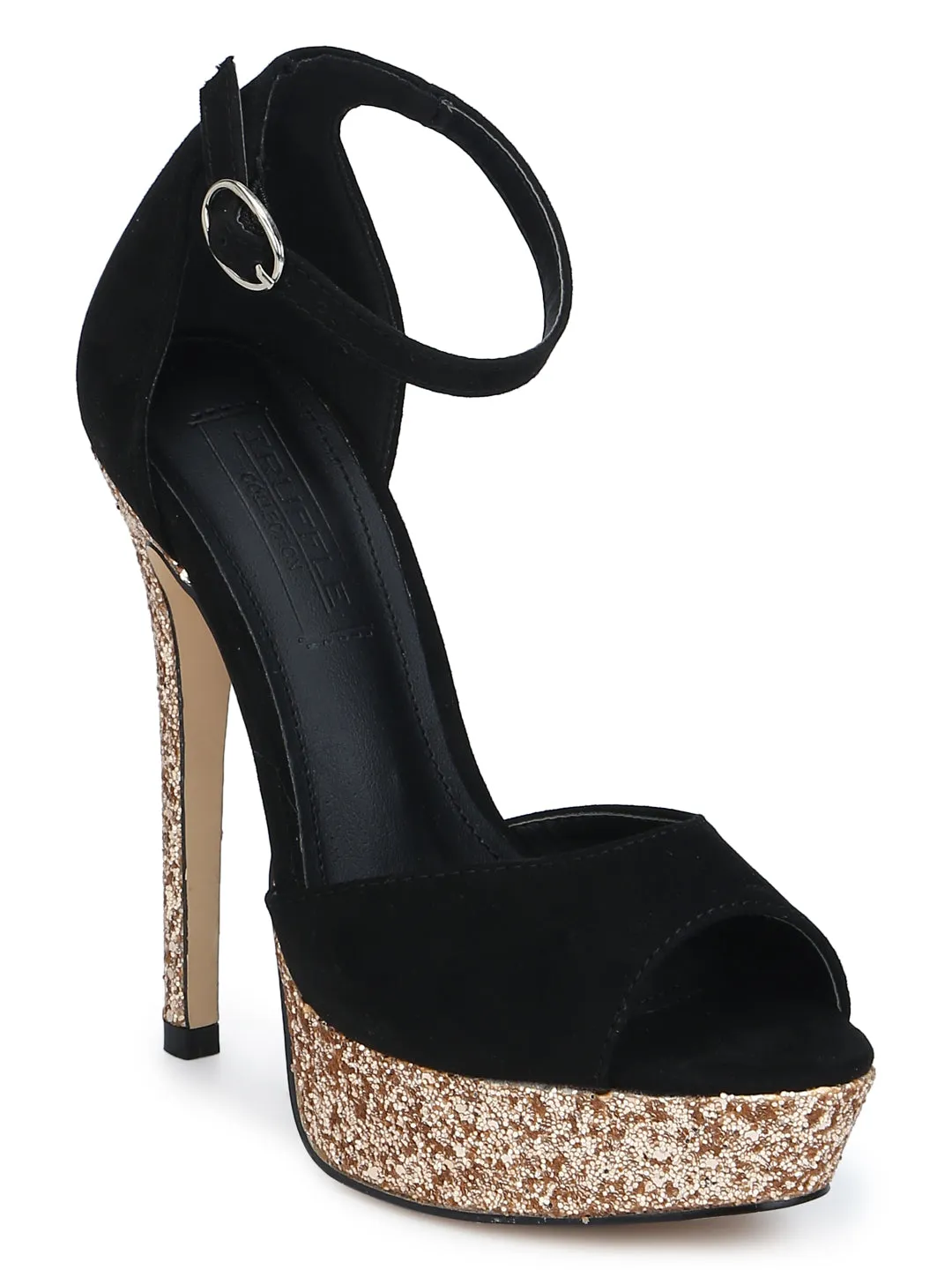 Black Micro Ankle Strap Platform Stilettos