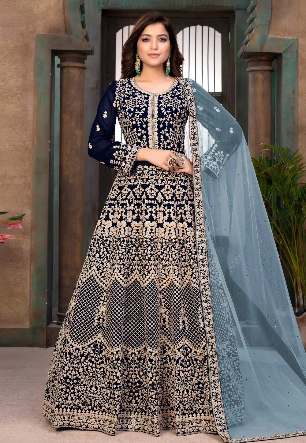 Blue Faux Georgette Floor Length Anarkali Suit