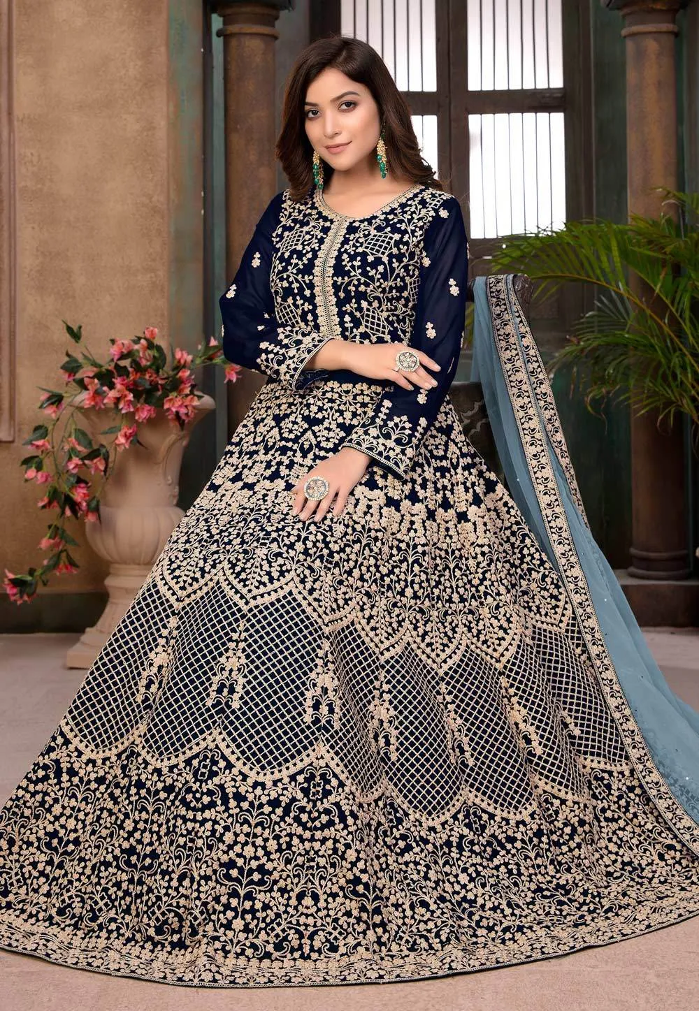 Blue Faux Georgette Floor Length Anarkali Suit