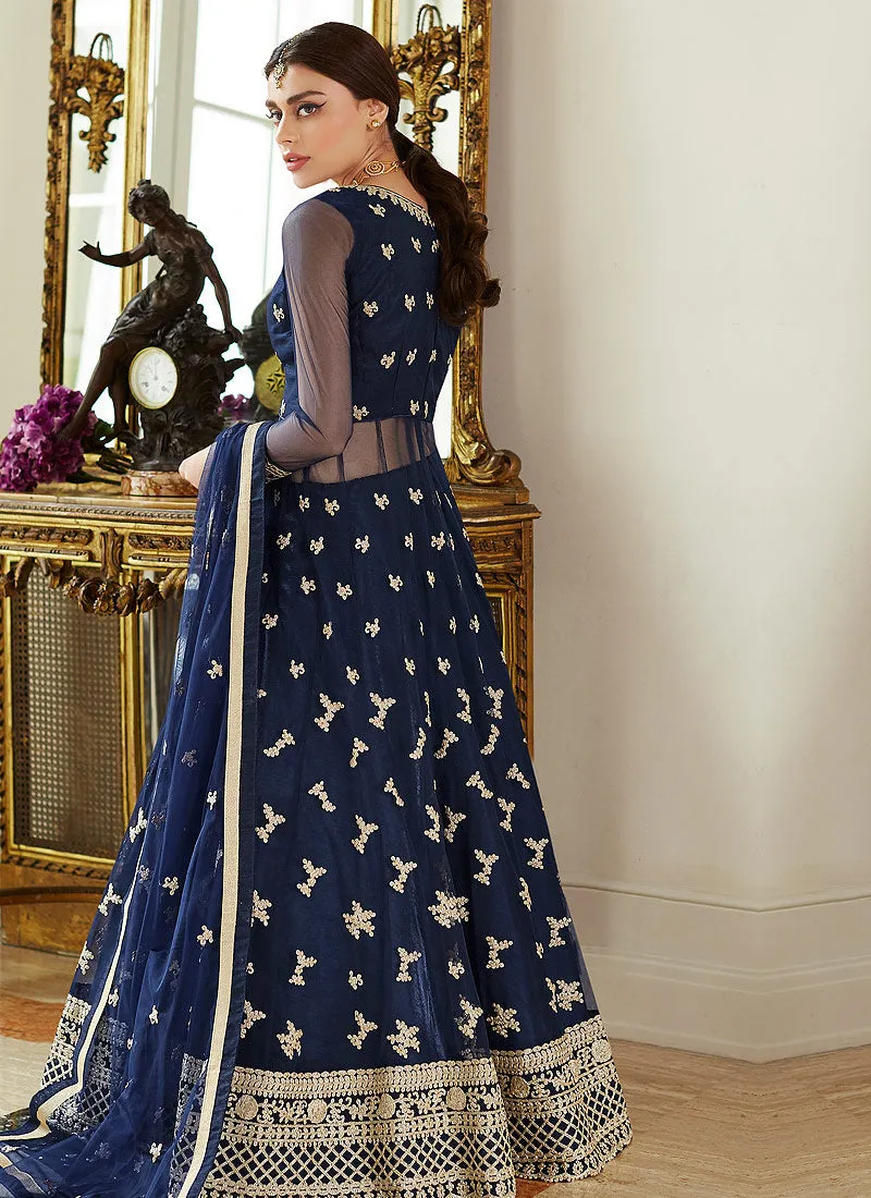 Blue Golden Embroidered Net Anarkali Lehenga Suit