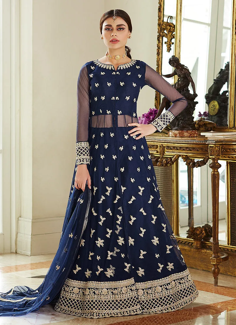 Blue Golden Embroidered Net Anarkali Lehenga Suit