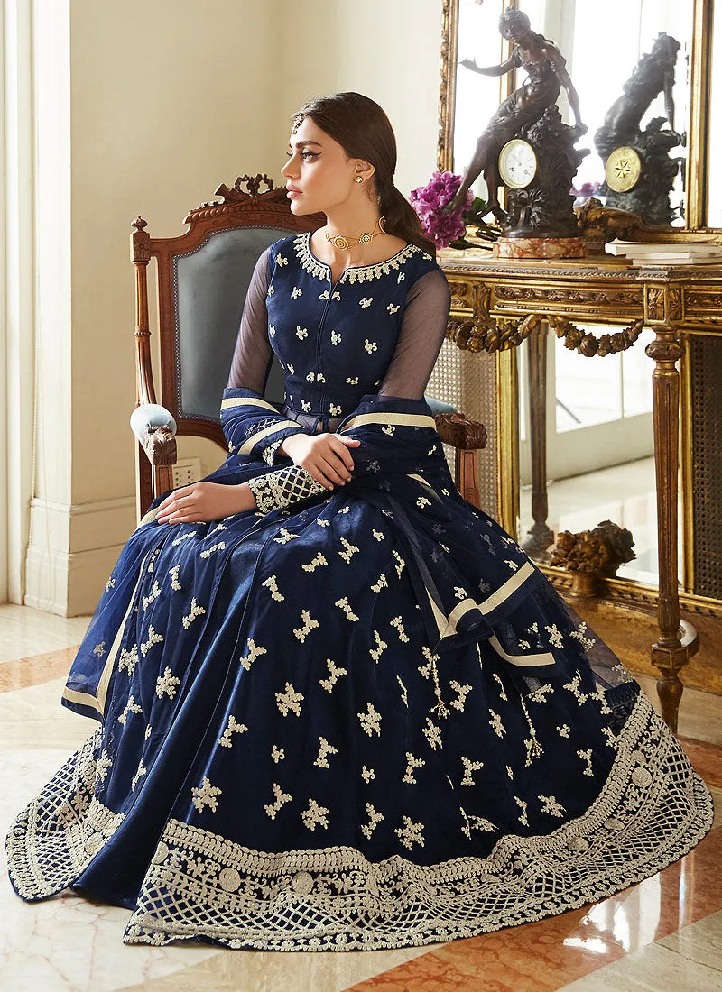 Blue Golden Embroidered Net Anarkali Lehenga Suit