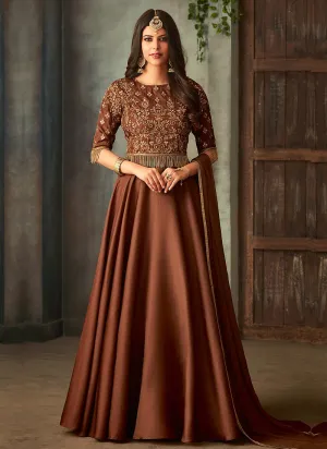 Brown Golden Embroidered Anarkali Gown