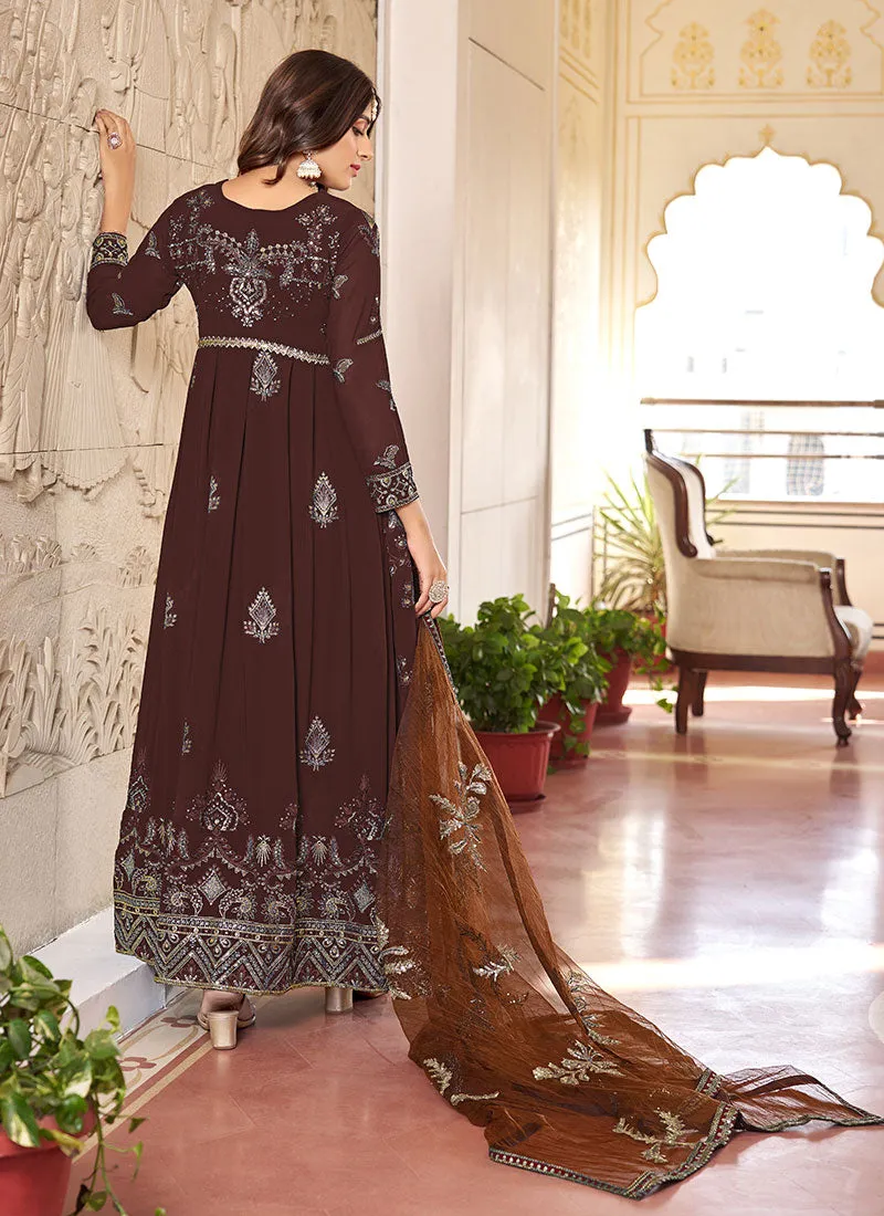 Brown Multi Embroidery Gerogette Anarkali Suit