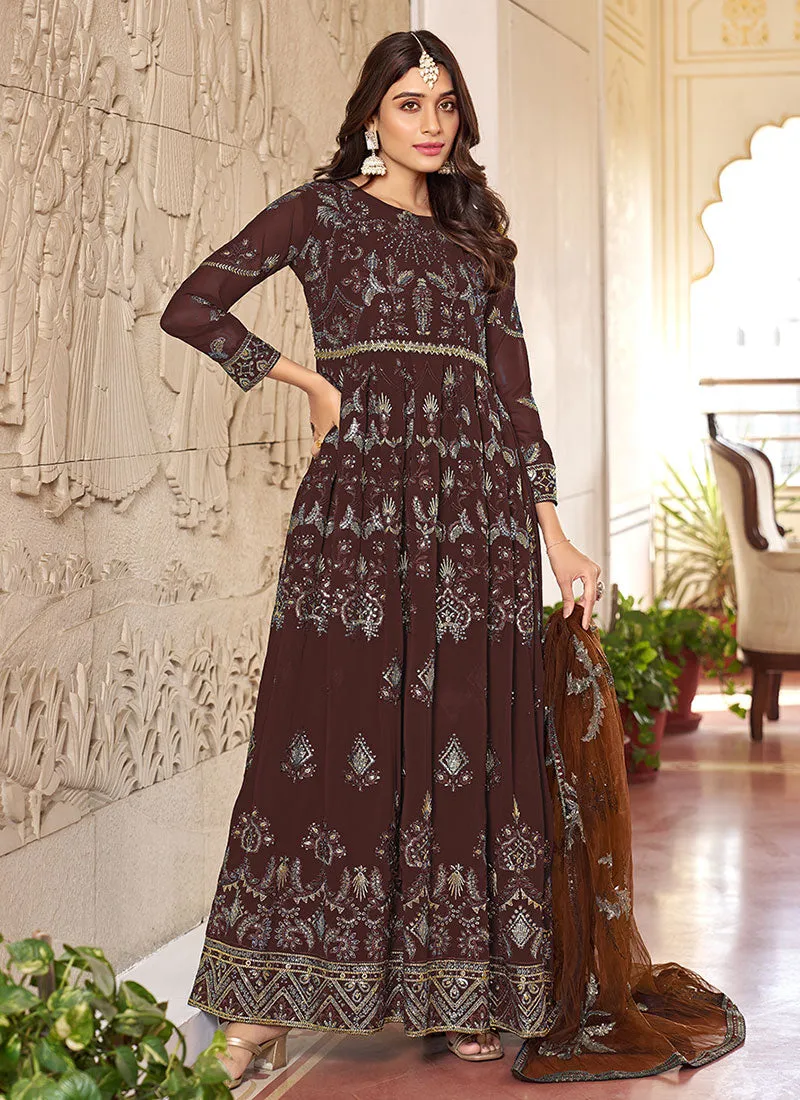 Brown Multi Embroidery Gerogette Anarkali Suit