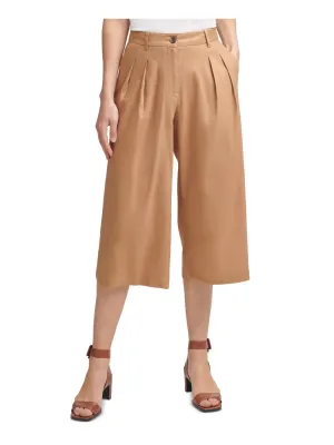 CALVIN KLEIN Womens Beige Pleated Zippered Pocketed Cropped Wear To Work Wide Leg Pants