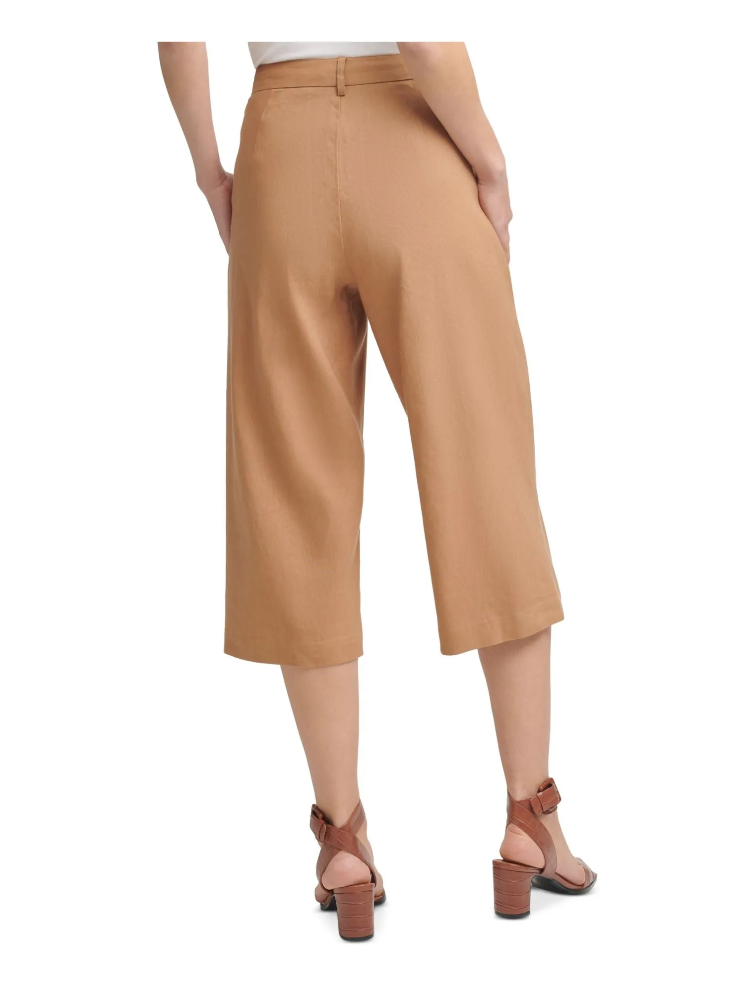 CALVIN KLEIN Womens Beige Pleated Zippered Pocketed Cropped Wear To Work Wide Leg Pants