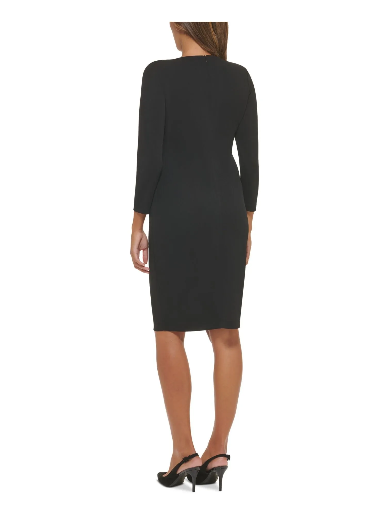 CALVIN KLEIN Womens Black Jersey Zippered Lined O-ring Hardware Cutout 3/4 Sleeve Jewel Neck Above The Knee Party Sheath Dress