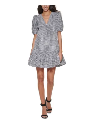 CALVIN KLEIN Womens Black Ruffled Check Pouf Sleeve V Neck Above The Knee Wear To Work Shift Dress