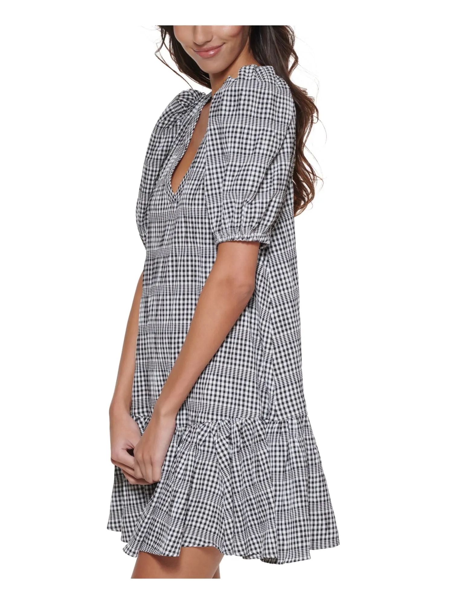 CALVIN KLEIN Womens Black Ruffled Check Pouf Sleeve V Neck Above The Knee Wear To Work Shift Dress