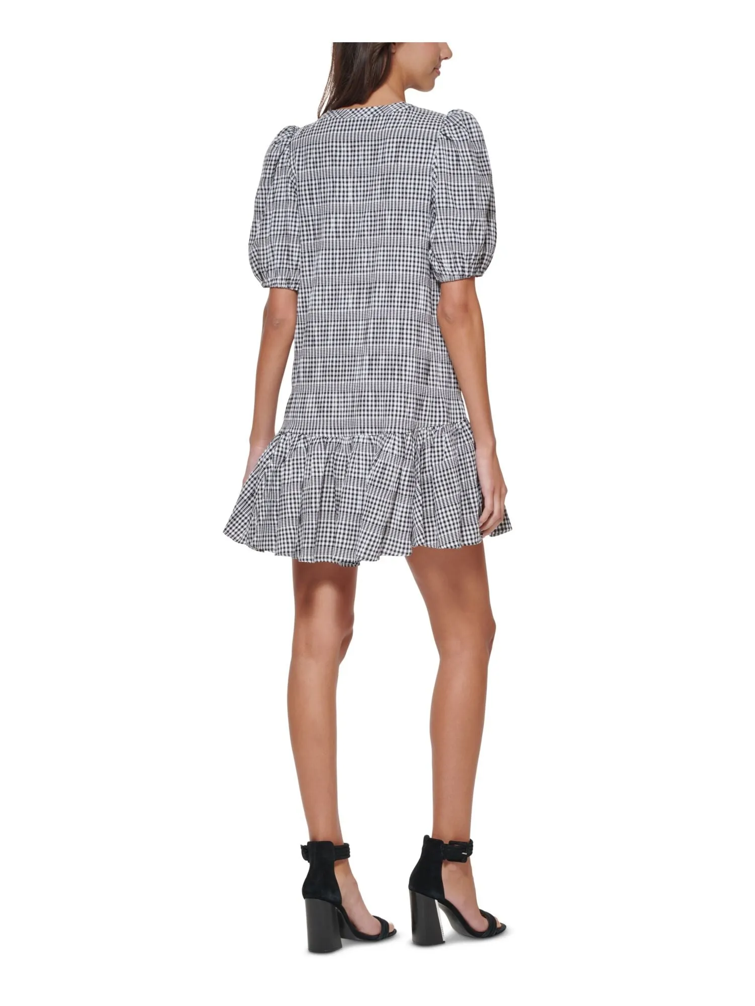 CALVIN KLEIN Womens Black Ruffled Check Pouf Sleeve V Neck Above The Knee Wear To Work Shift Dress