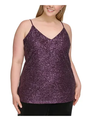 CALVIN KLEIN Womens Purple Lined Spaghetti Strap V Neck Wear To Work Cami Top