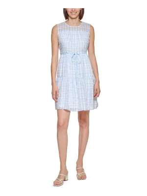 CALVIN KLEIN Womens White Sheer Lined Self Tie Waist Keyhole Bac Gingham Sleeveless Round Neck Above The Knee Shift Dress