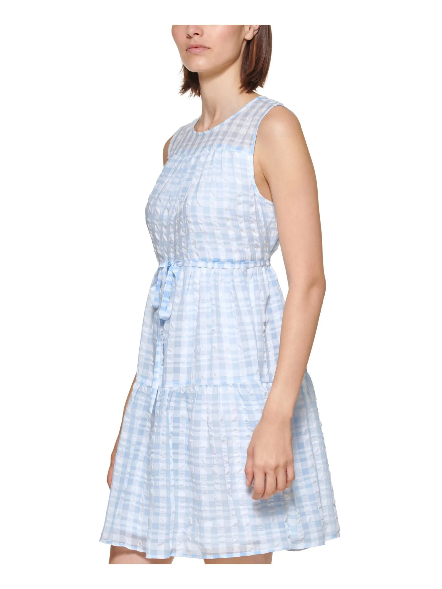 CALVIN KLEIN Womens White Sheer Lined Self Tie Waist Keyhole Bac Gingham Sleeveless Round Neck Above The Knee Shift Dress