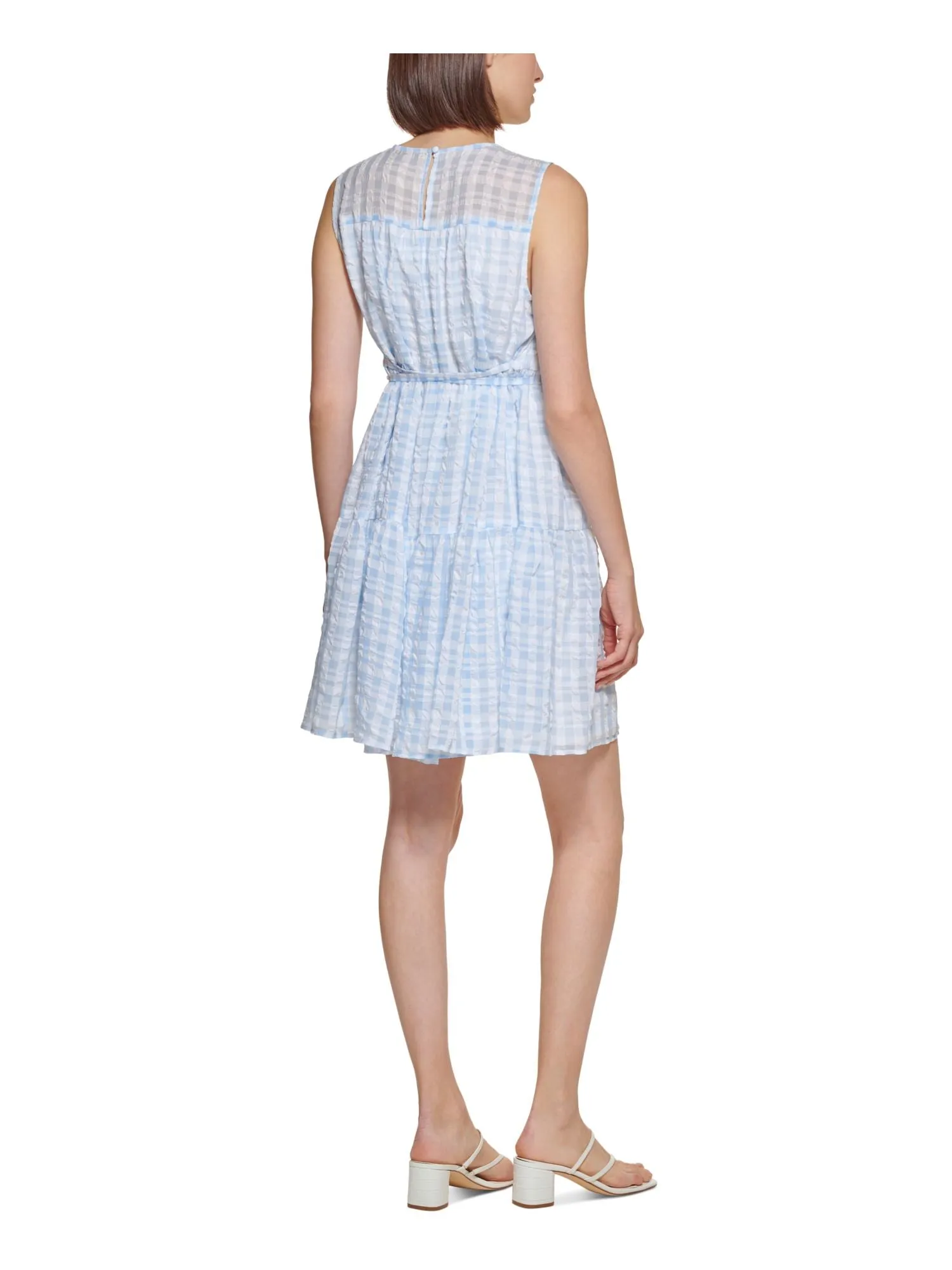 CALVIN KLEIN Womens White Sheer Lined Self Tie Waist Keyhole Bac Gingham Sleeveless Round Neck Above The Knee Shift Dress