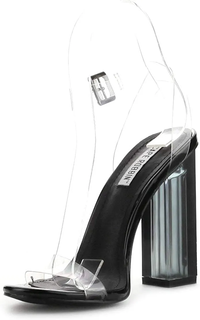 Cape Robbin Maria-2 Black Square Clear Block High Heel Transparent Open Toe Pump