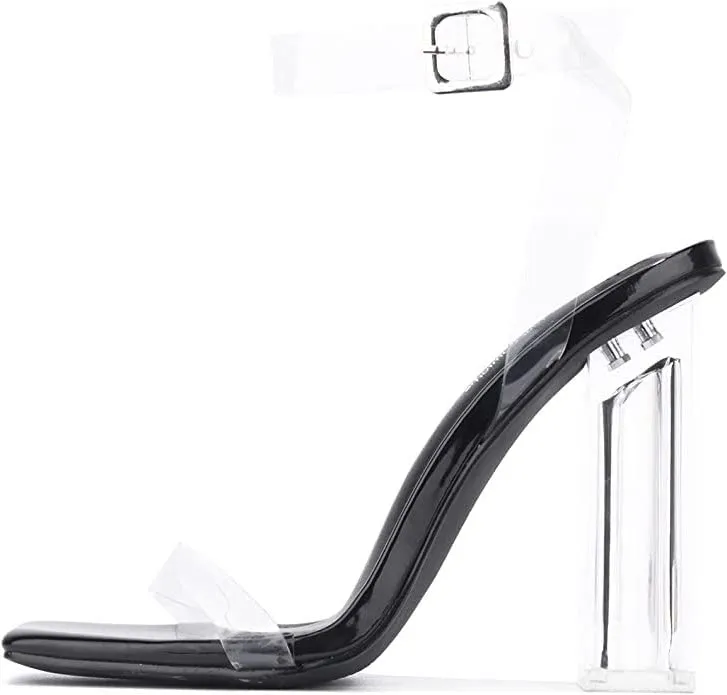 Cape Robbin Maria-2 Lucite Clear Strappy Block Chunky Sandal Shoe Black