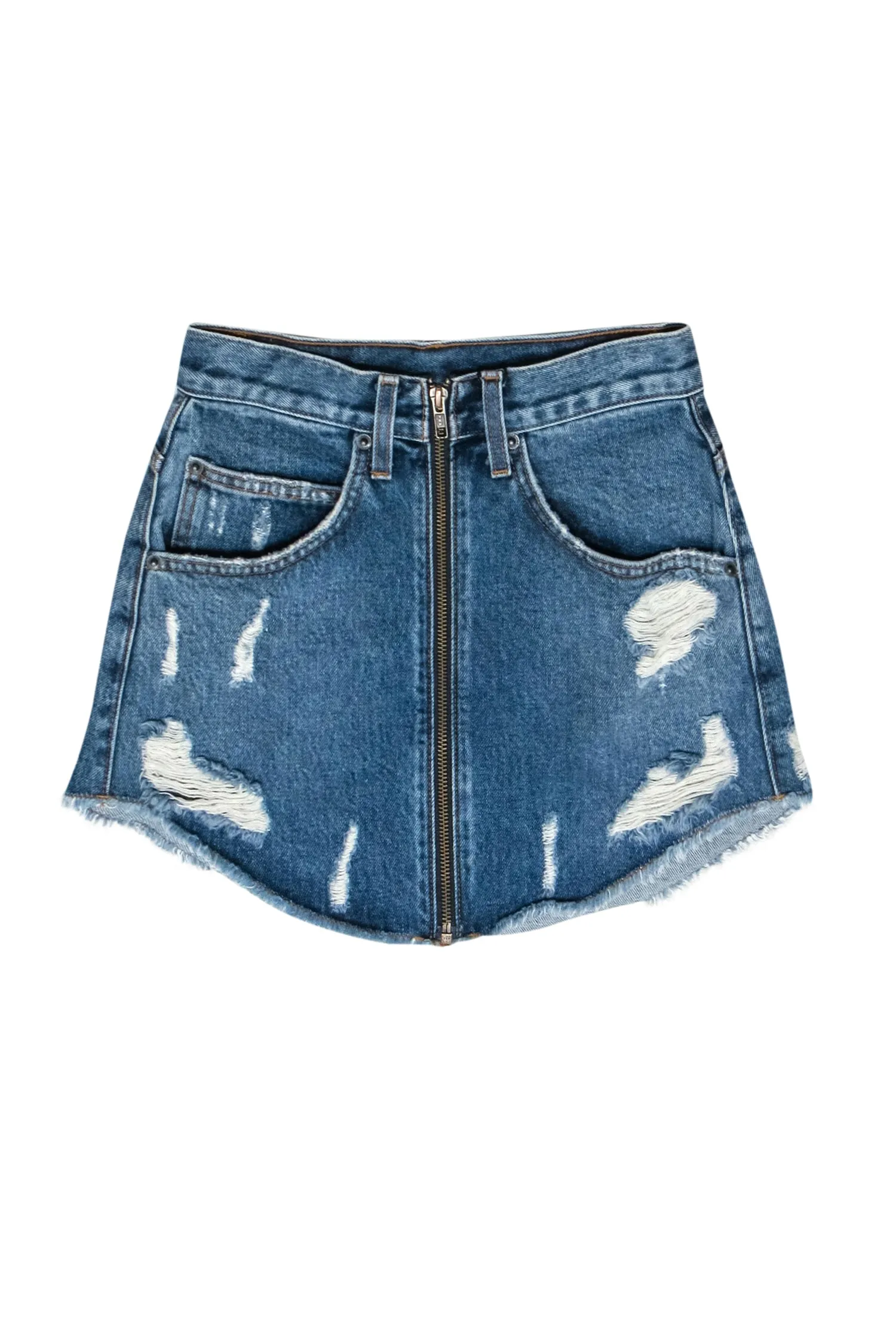 Carmar - Medium Wash Distressed Zip-Up Denim "Beatrice" Miniskirt Sz 24