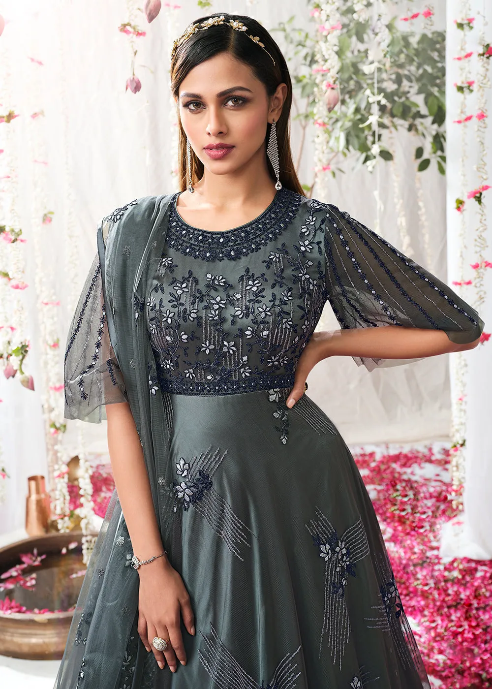 Charcoal Grey Wedding Festive Floor Length Anarkali Suit