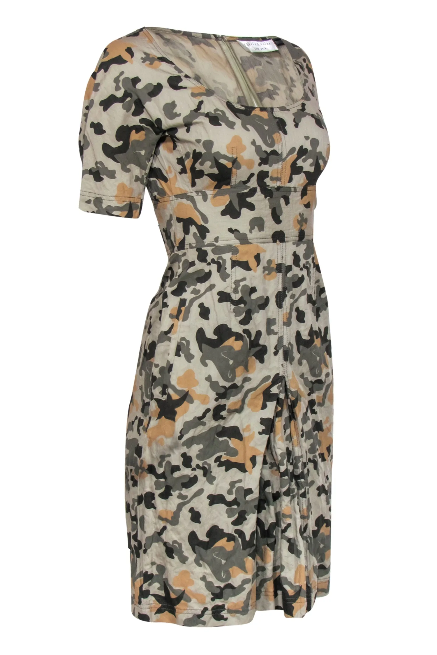 Charles Nolan - Olive, Brown & Tan Camouflage Print Sheath Dress Sz 2