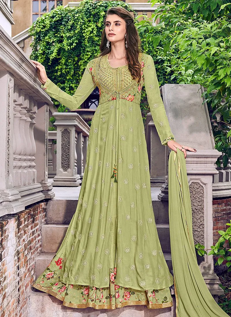 Charming Green Muslin Embroidered Jacket Style Anarkali