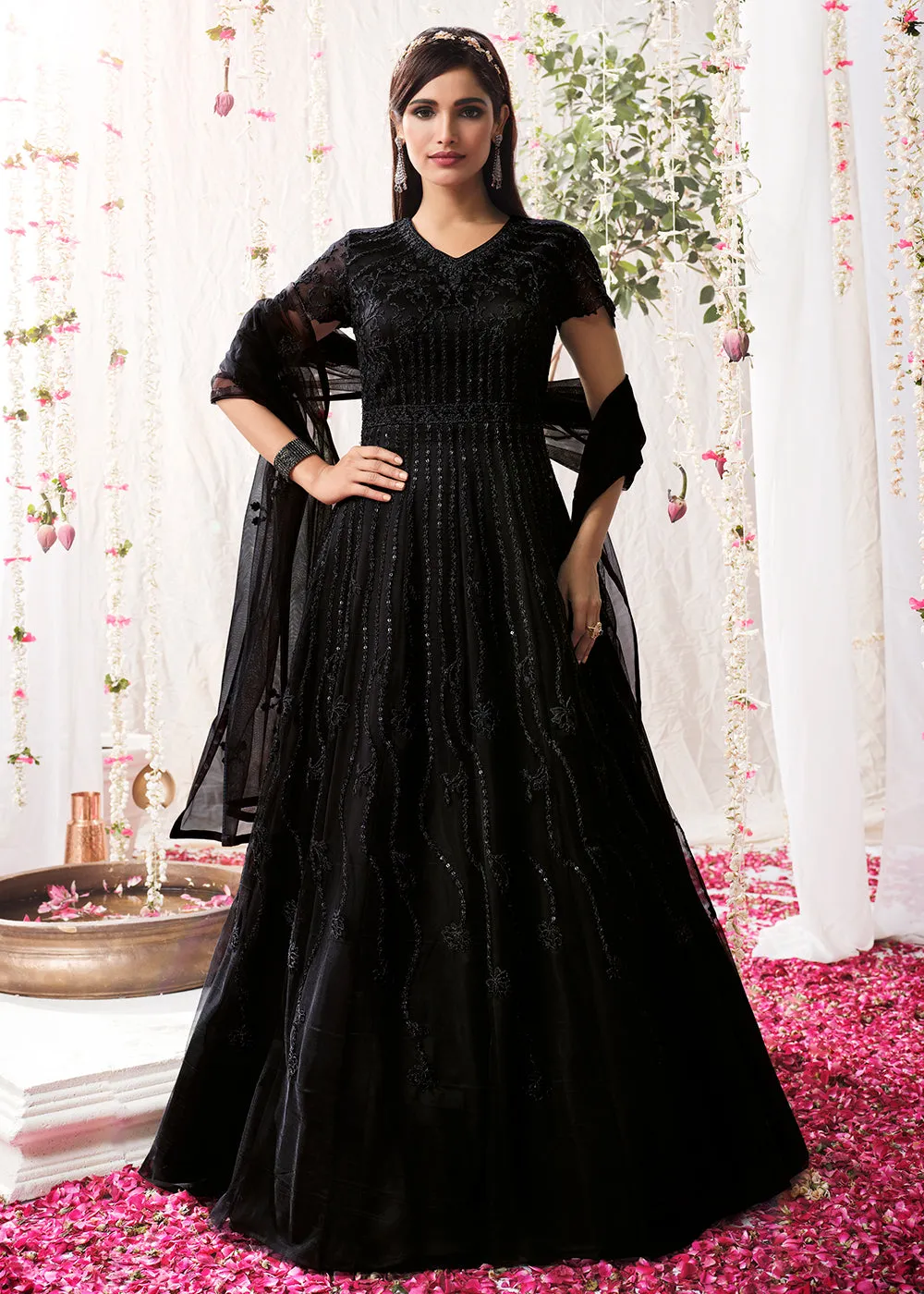 Classic Black Wedding Festive Floor Length Anarkali Suit