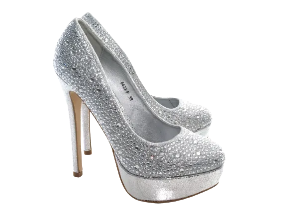 Damen High Heel Plateau Pumps Abendschuhe Stilettos Silver # 6423