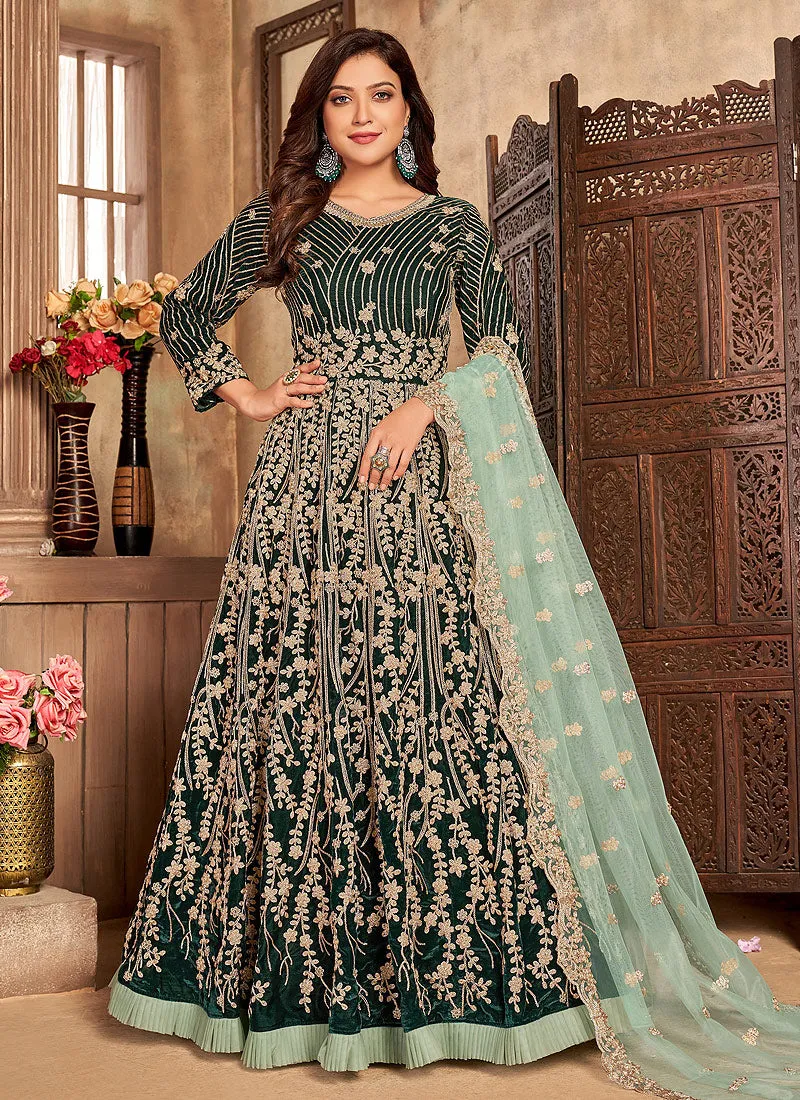 Dark Green Embroidered Velvet Anarkali Suit