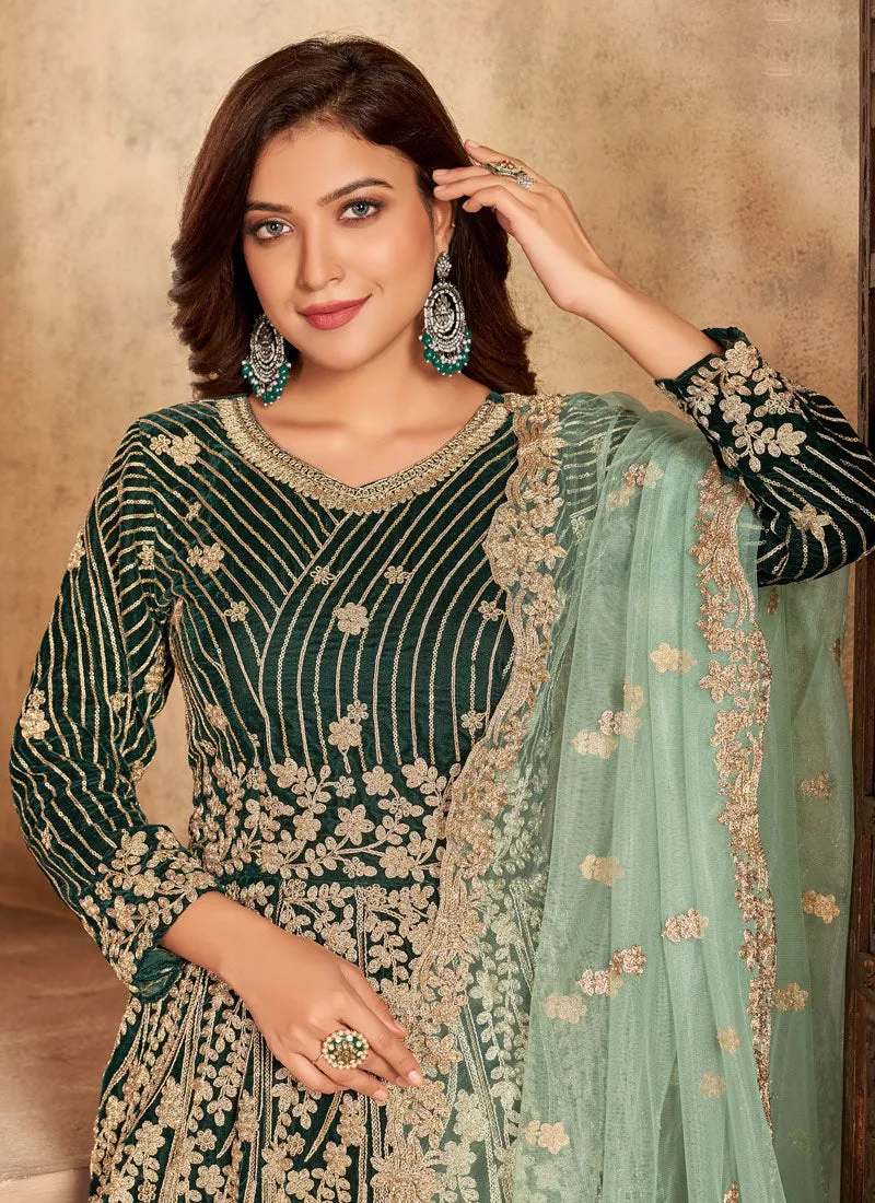 Dark Green Embroidered Velvet Anarkali Suit