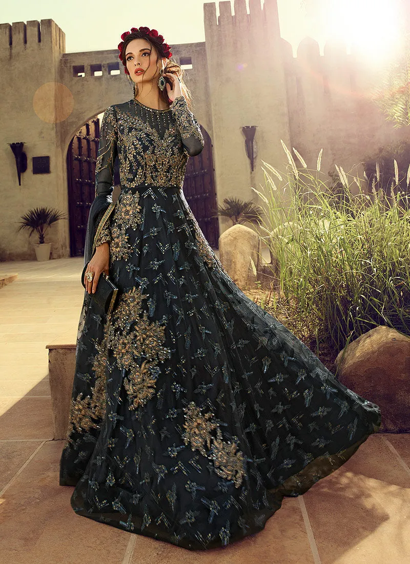 Deep Grey Golden Embroidered Flared Anarkali Suit