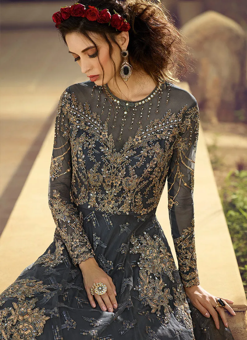 Deep Grey Golden Embroidered Flared Anarkali Suit