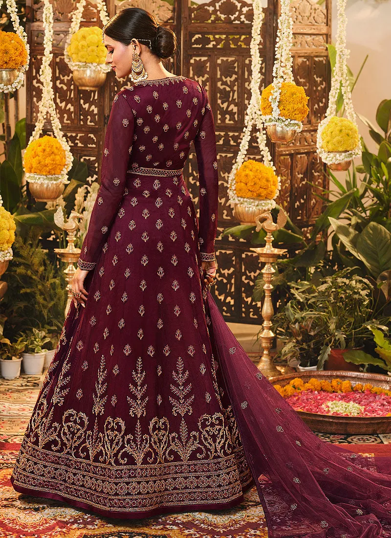 Deep Maroon Embroidered Wedding Anarkali Suit