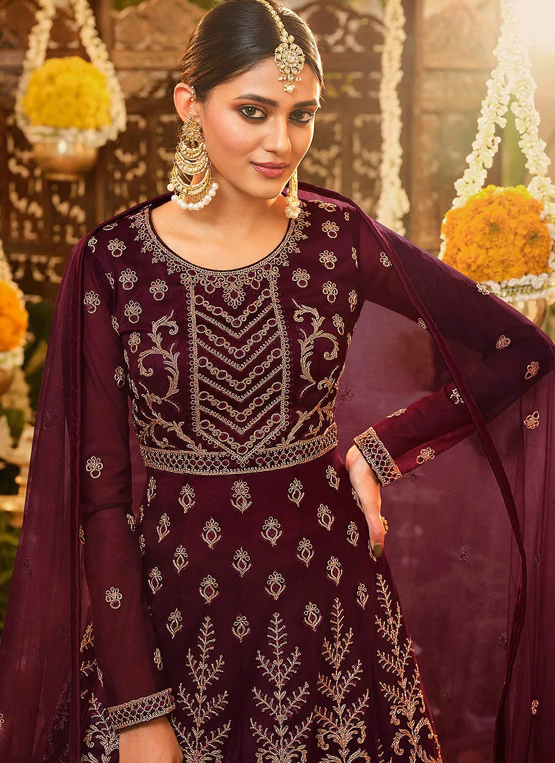 Deep Maroon Embroidered Wedding Anarkali Suit