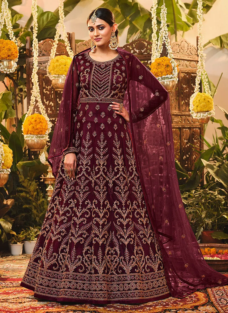 Deep Maroon Embroidered Wedding Anarkali Suit