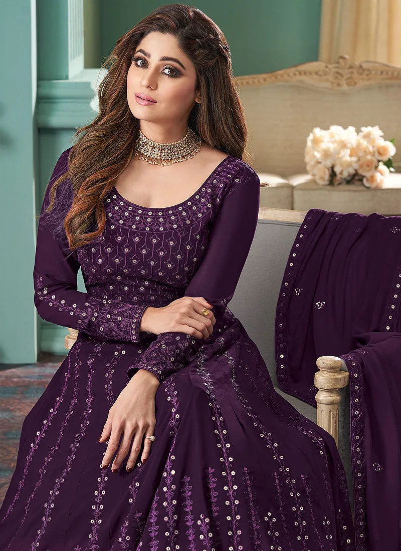 Deep Purple Badla Embroidered Bollywood Anarkali