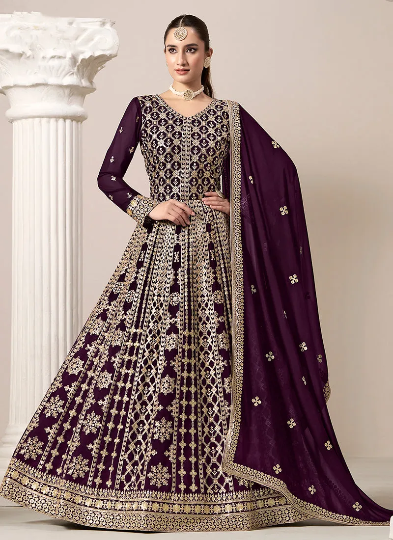 Deep Purple Embroidery Georgette Anarkali Suit