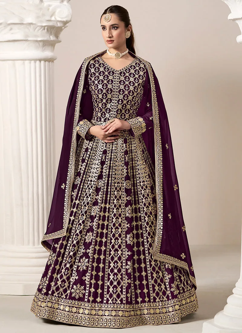 Deep Purple Embroidery Georgette Anarkali Suit