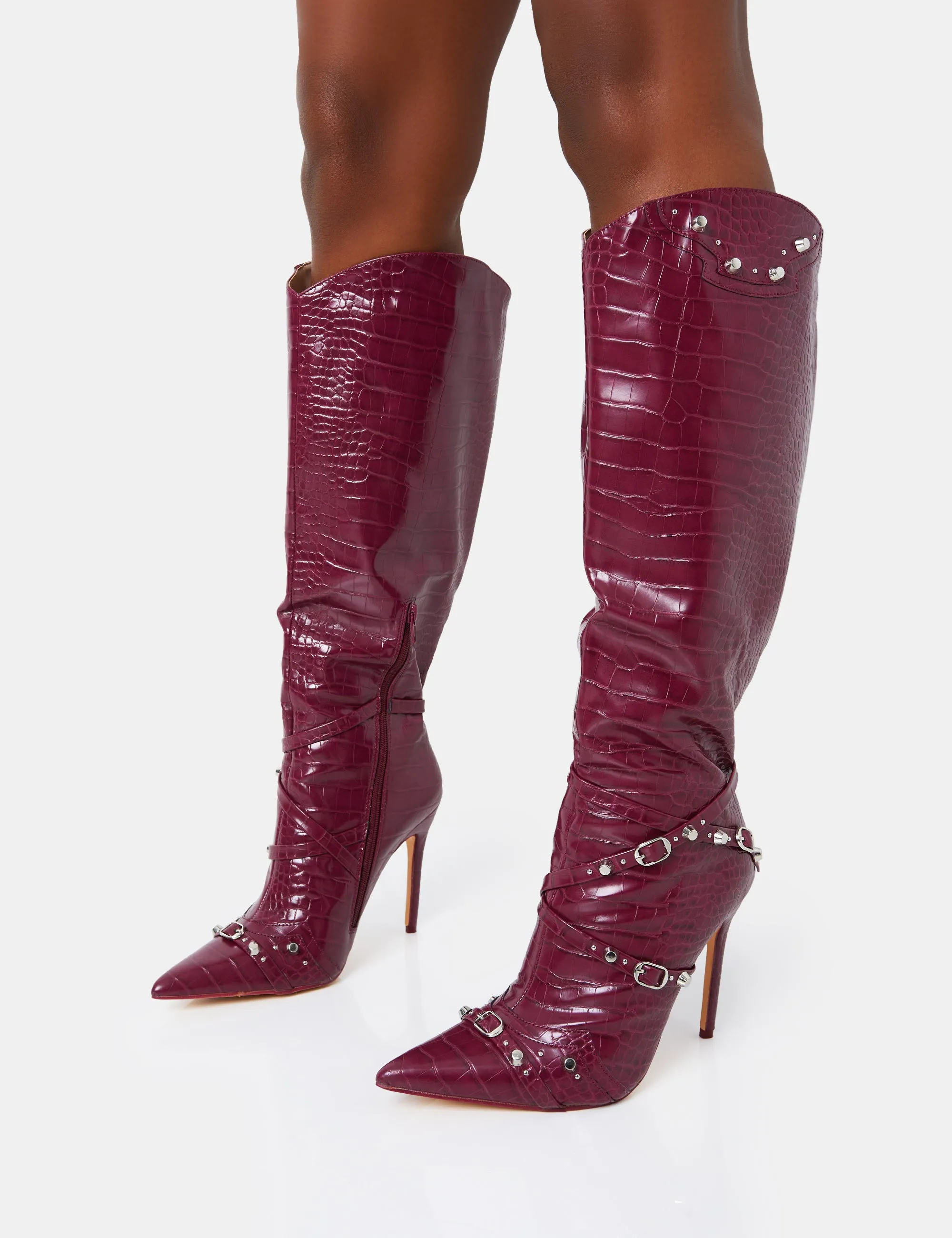 Doja Wide Fit Burgundy Croc Studded Zip Detail Pointed Toe Stiletto Knee High Boots