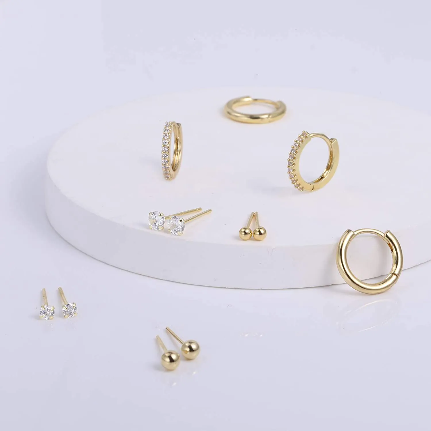 Earring Sets for Multiple Piercing | 14K Gold Plated Studs Earrings and Hoops Set Hypoallergenic Small Hoop CZ Ball Studs Earrings for Women Girls（6 Pairs）