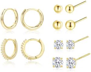 Earring Sets for Multiple Piercing | 14K Gold Plated Studs Earrings and Hoops Set Hypoallergenic Small Hoop CZ Ball Studs Earrings for Women Girls（6 Pairs）