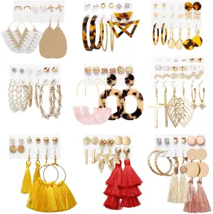 Earrings Set for Women Girls, Funtopia 61 Pairs Fashion Tassel Earrings Acrylic Hoop Stud Drop Dangle Earrings for Birthday Party Gift, Assorted Styles and Colors