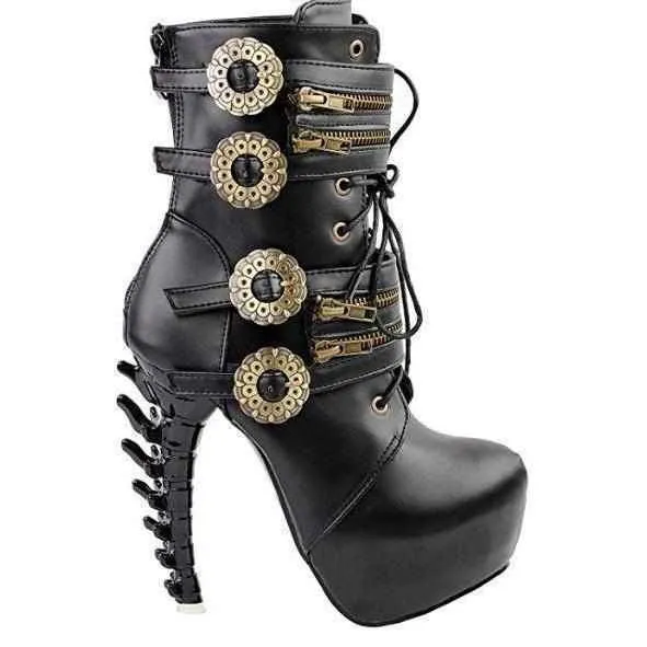 Edgy Black SteamPunk Gold Gear Jagged Ankle Booties