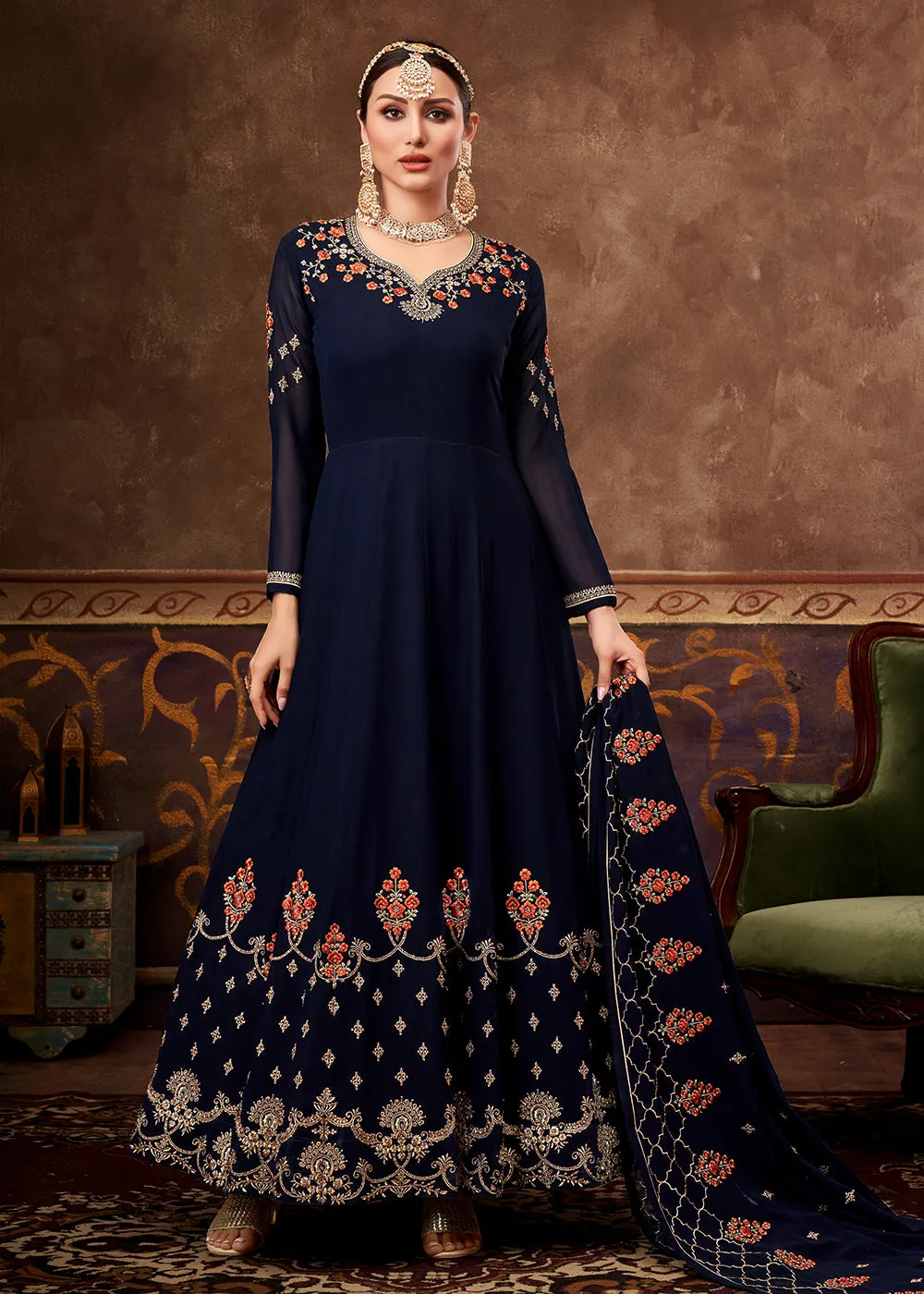 Eid Special Navy Blue Georgette Designer Anarkali Suit