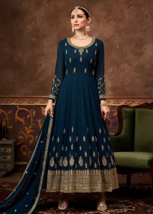 Eid Special Prussian Blue Georgette Designer Anarkali Suit